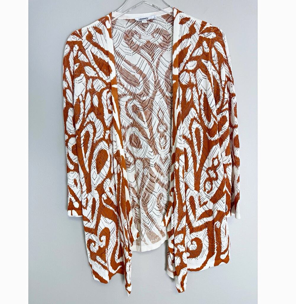 NWT Chico's Brown White Abstract Open Knit Lightweight Cardigan Sweater Size 1